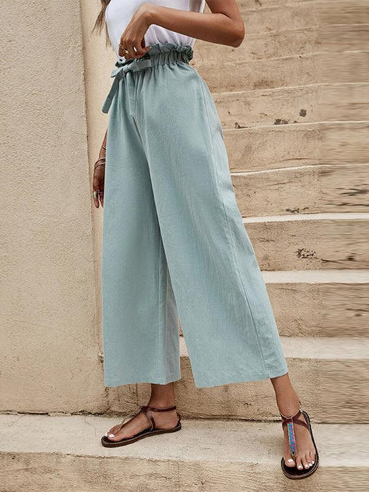 Women's Solid Color Elastic Waist Casual Belted Wide Leg Pants - 808Lush