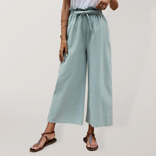 Women's Solid Color Elastic Waist Casual Belted Wide Leg Pants - 808Lush