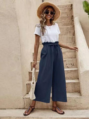 Women's Solid Color Elastic Waist Casual Belted Wide Leg Pants - 808Lush