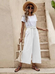 Women's Solid Color Elastic Waist Casual Belted Wide Leg Pants - 808Lush