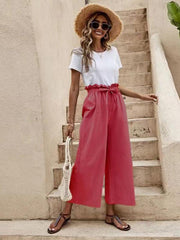 Women's Solid Color Elastic Waist Casual Belted Wide Leg Pants - 808Lush