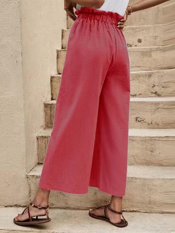 Women's Solid Color Elastic Waist Casual Belted Wide Leg Pants - 808Lush