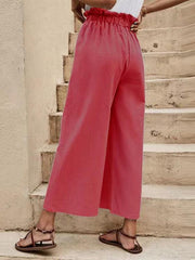 Women's Solid Color Elastic Waist Casual Belted Wide Leg Pants - 808Lush