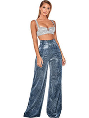 Hot Silver Wide Leg Pants High Waist Straight Ladies Casual Pants - 808Lush