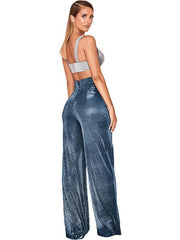 Hot Silver Wide Leg Pants High Waist Straight Ladies Casual Pants - 808Lush