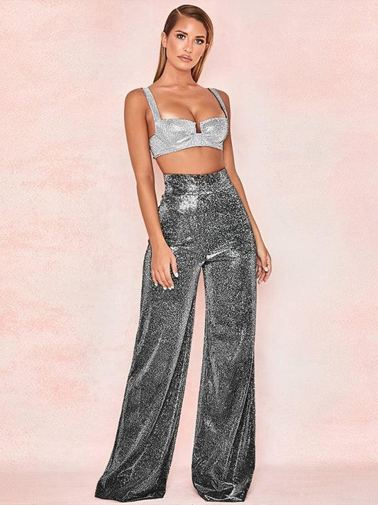 Hot Silver Wide Leg Pants High Waist Straight Ladies Casual Pants - 808Lush