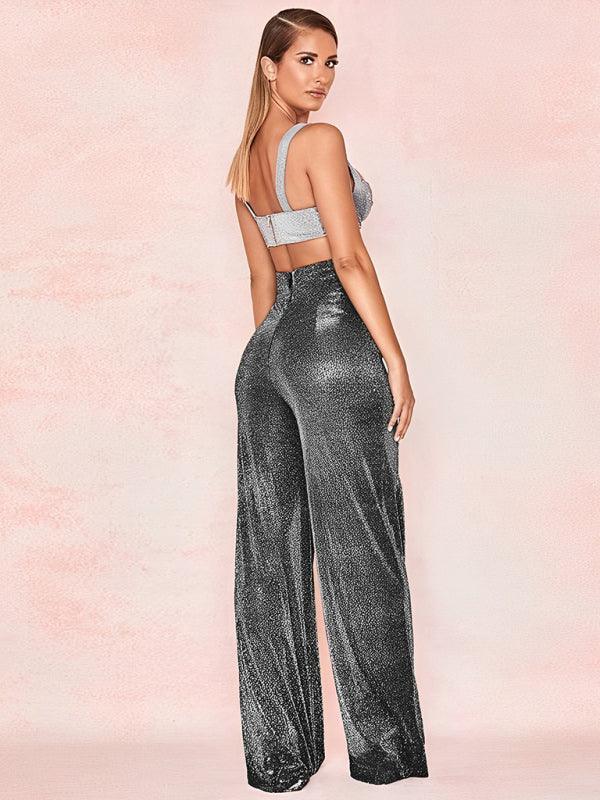 Hot Silver Wide Leg Pants High Waist Straight Ladies Casual Pants - 808Lush