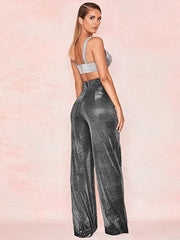Hot Silver Wide Leg Pants High Waist Straight Ladies Casual Pants - 808Lush