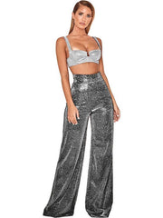 Hot Silver Wide Leg Pants High Waist Straight Ladies Casual Pants - 808Lush