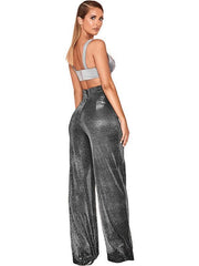 Hot Silver Wide Leg Pants High Waist Straight Ladies Casual Pants - 808Lush
