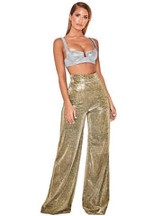 Hot Silver Wide Leg Pants High Waist Straight Ladies Casual Pants - 808Lush