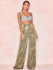 Hot Silver Wide Leg Pants High Waist Straight Ladies Casual Pants - 808Lush