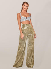 Hot Silver Wide Leg Pants High Waist Straight Ladies Casual Pants - 808Lush