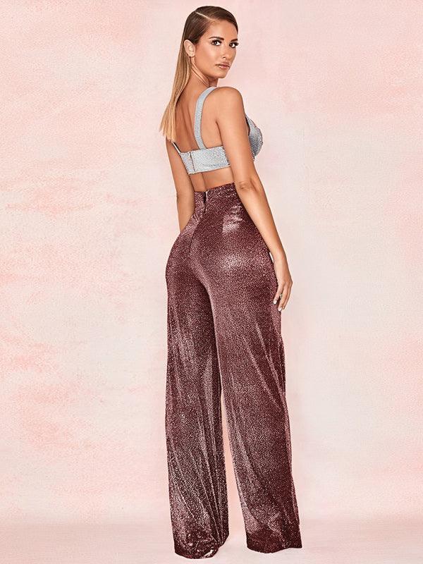 Hot Silver Wide Leg Pants High Waist Straight Ladies Casual Pants - 808Lush