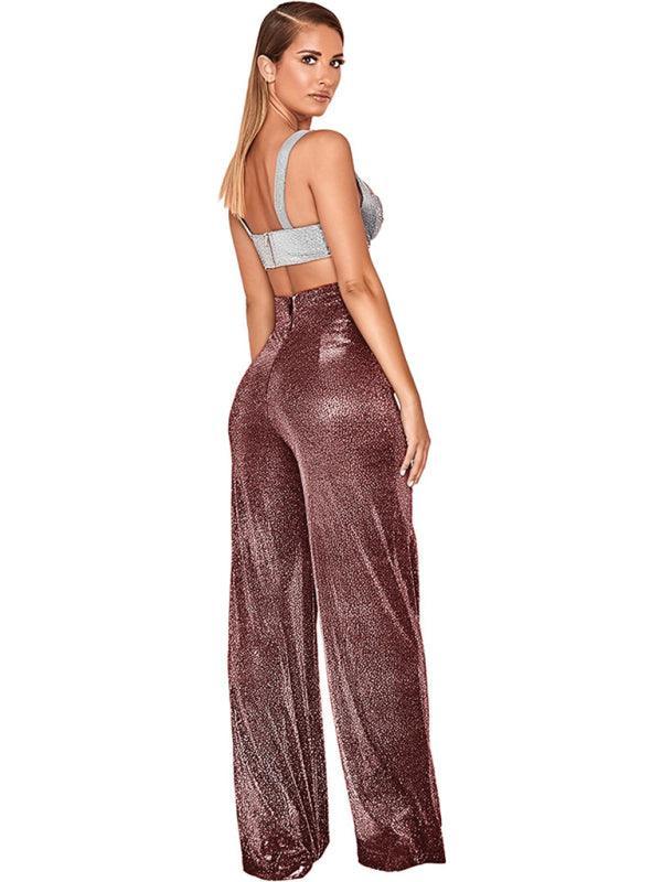 Hot Silver Wide Leg Pants High Waist Straight Ladies Casual Pants - 808Lush
