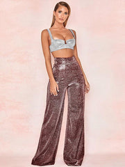 Hot Silver Wide Leg Pants High Waist Straight Ladies Casual Pants - 808Lush