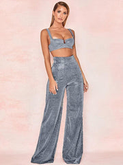 Hot Silver Wide Leg Pants High Waist Straight Ladies Casual Pants - 808Lush