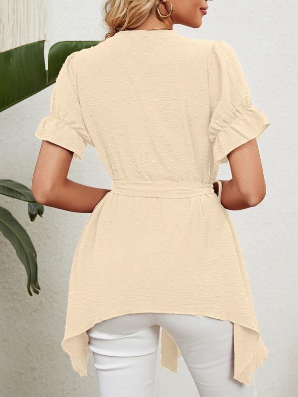 Women's Woven Jacquard V-Neck Loose Tie Chiffon Short Sleeve Top - 808Lush