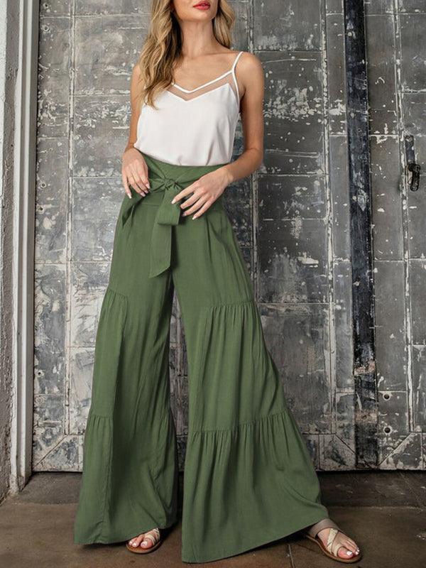 Women's woven strap elastic waist this kind of wide-leg A-type casual trousers - 808Lush