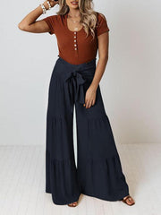 Women's woven strap elastic waist this kind of wide-leg A-type casual trousers - 808Lush