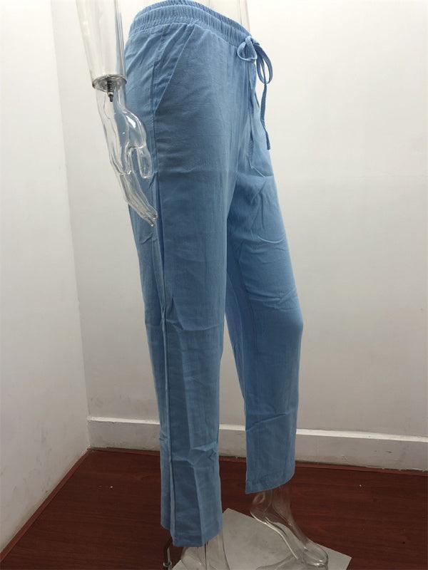 Women's Solid Color Cotton Linen Drawstring Loose Casual Wide Leg Trousers - 808Lush
