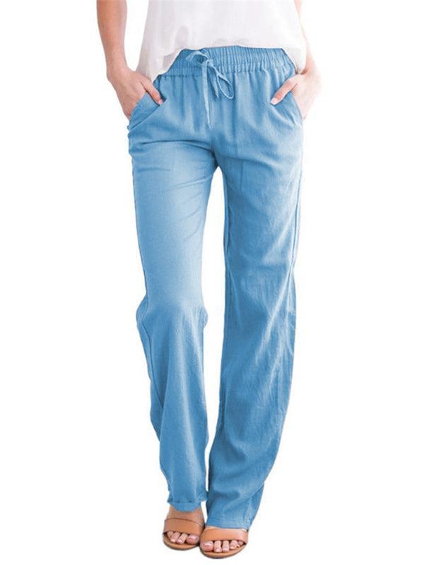 Women's Solid Color Cotton Linen Drawstring Loose Casual Wide Leg Trousers - 808Lush
