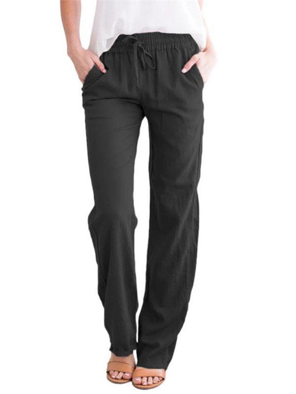 Women's Solid Color Cotton Linen Drawstring Loose Casual Wide Leg Trousers - 808Lush