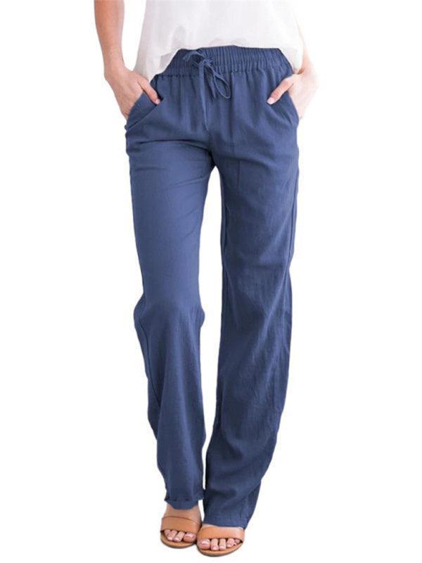 Women's Solid Color Cotton Linen Drawstring Loose Casual Wide Leg Trousers - 808Lush