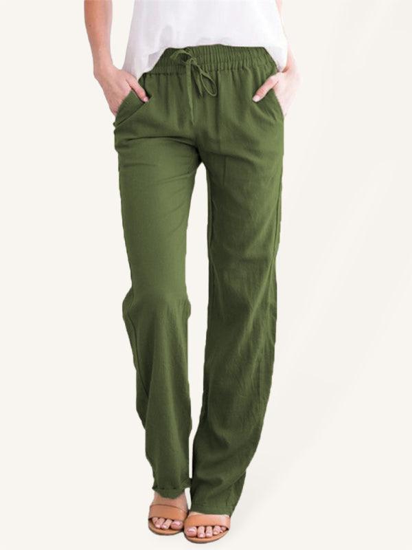 Women's Solid Color Cotton Linen Drawstring Loose Casual Wide Leg Trousers - 808Lush