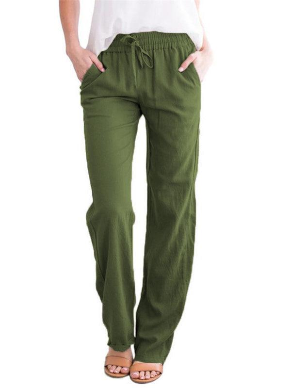 Women's Solid Color Cotton Linen Drawstring Loose Casual Wide Leg Trousers - 808Lush