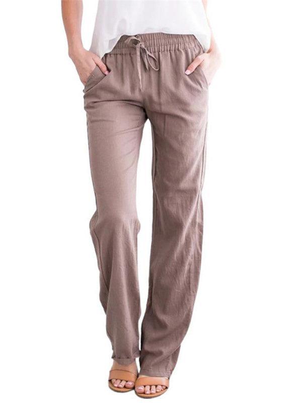 Women's Solid Color Cotton Linen Drawstring Loose Casual Wide Leg Trousers - 808Lush