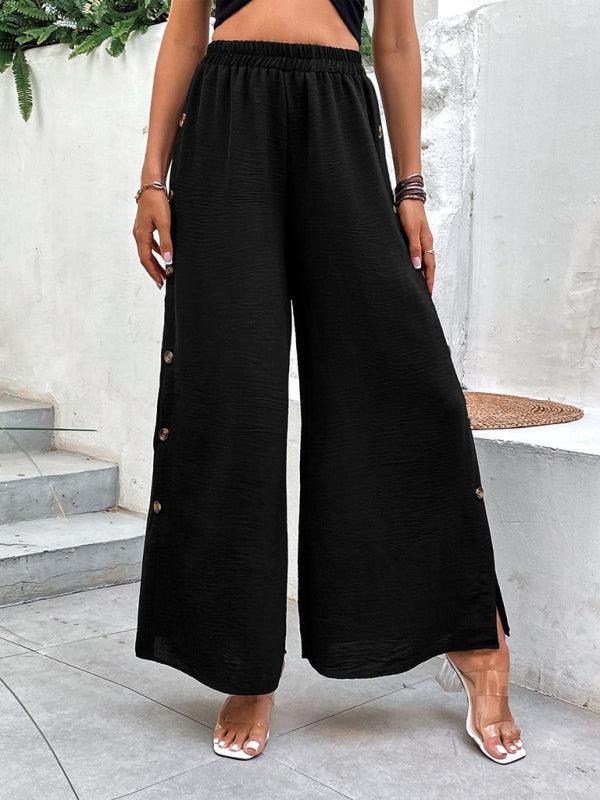 Women's Commuter Style Slit Button High Waist Wide Leg Pants - 808Lush