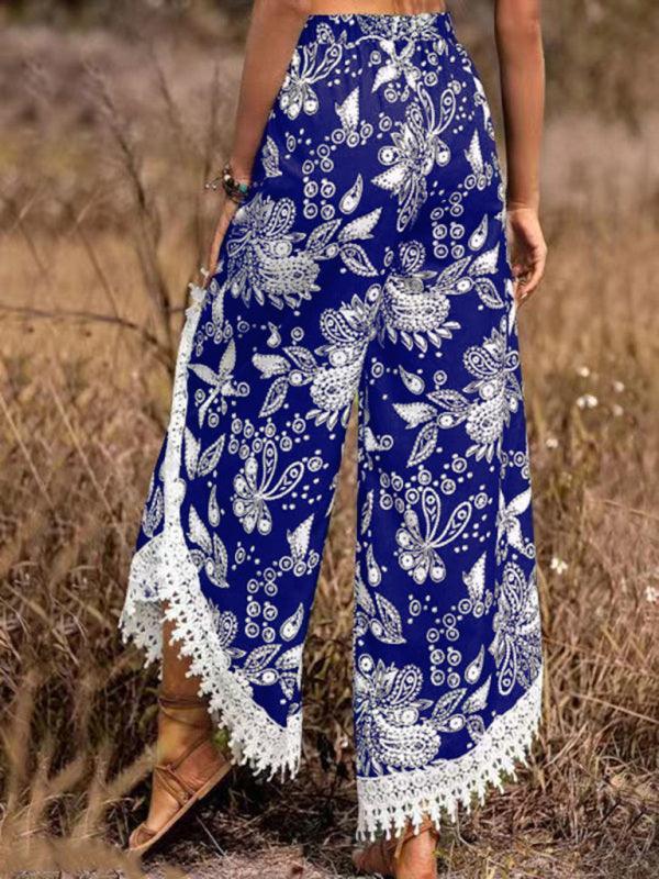 Women's ethnic style print stitching lace trousers - 808Lush