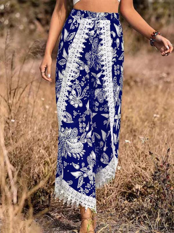 Women's ethnic style print stitching lace trousers - 808Lush