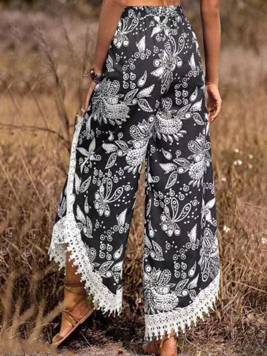 Women's ethnic style print stitching lace trousers - 808Lush