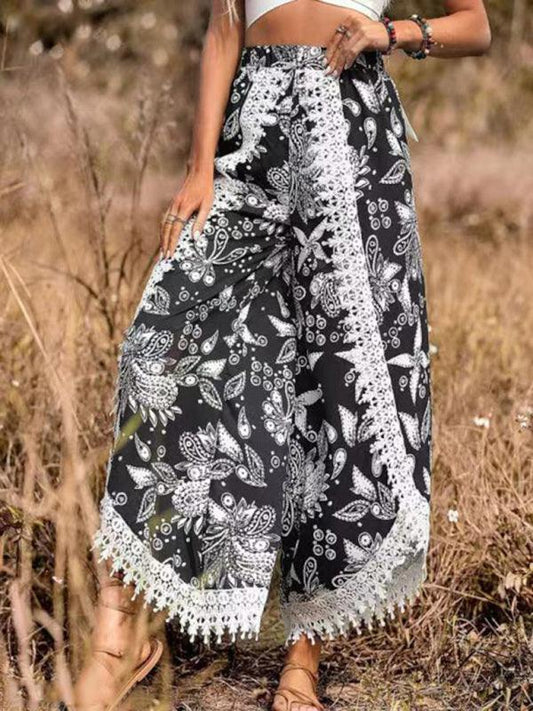 Women's ethnic style print stitching lace trousers - 808Lush