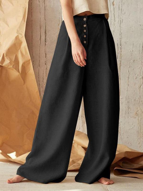 Women's Solid Color Single-breasted Button Casual High Waist Wide Leg Pants - 808Lush