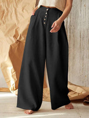 Women's Solid Color Single-breasted Button Casual High Waist Wide Leg Pants - 808Lush