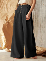 Women's Solid Color Single-breasted Button Casual High Waist Wide Leg Pants - 808Lush