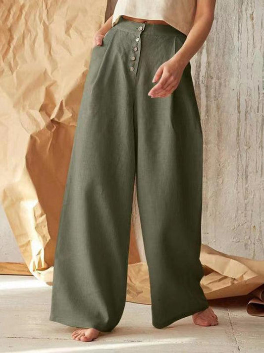Women's Solid Color Single-breasted Button Casual High Waist Wide Leg Pants - 808Lush