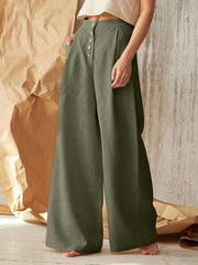 Women's Solid Color Single-breasted Button Casual High Waist Wide Leg Pants - 808Lush