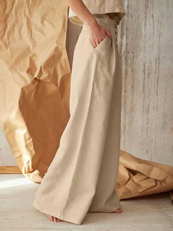 Women's Solid Color Single-breasted Button Casual High Waist Wide Leg Pants - 808Lush