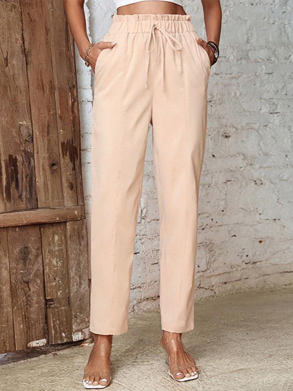 Women's high waist solid color commuter style cropped elastic pencil pants - 808Lush