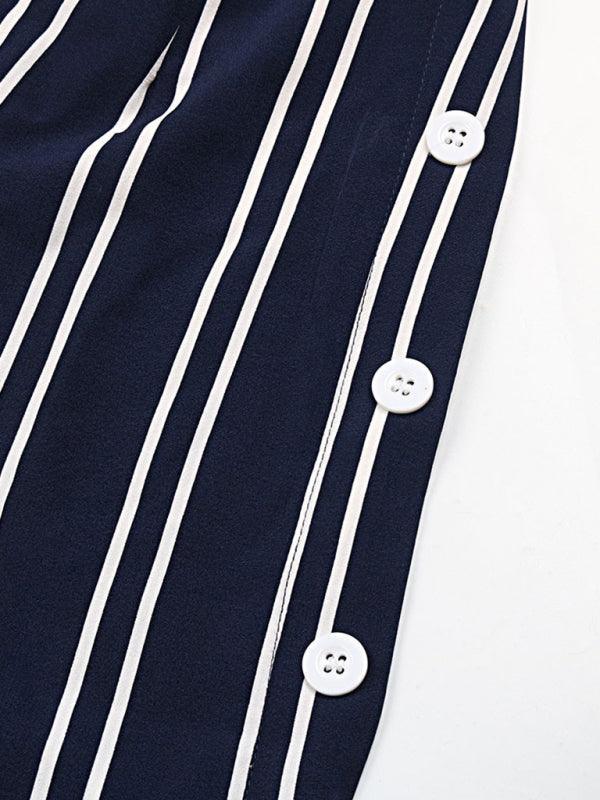 Women's striped commuter style slit high waist wide leg pants - 808Lush