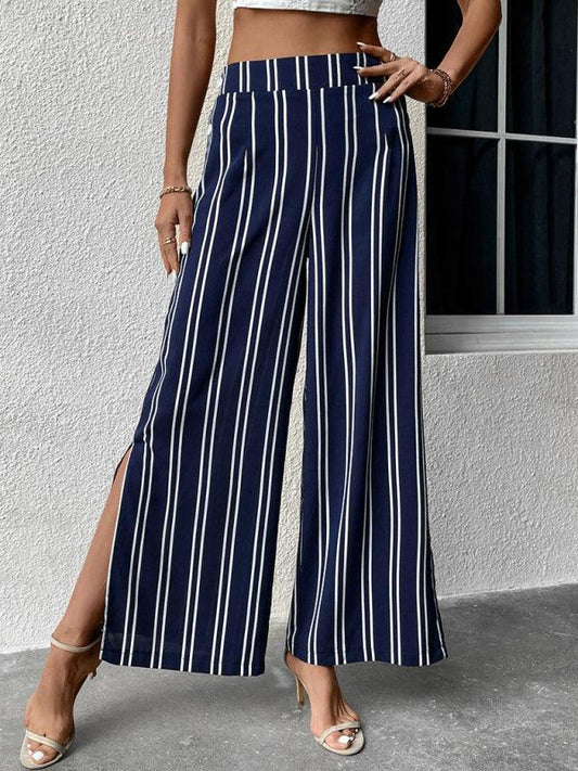 Women's striped commuter style slit high waist wide leg pants - 808Lush