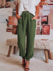 Bloomers Solid Color Cotton Linen Pants Ladies Pocket Drawstring Casual Pants - 808Lush