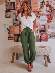 Bloomers Solid Color Cotton Linen Pants Ladies Pocket Drawstring Casual Pants - 808Lush