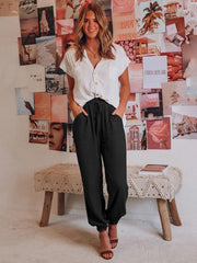 Bloomers Solid Color Cotton Linen Pants Ladies Pocket Drawstring Casual Pants - 808Lush