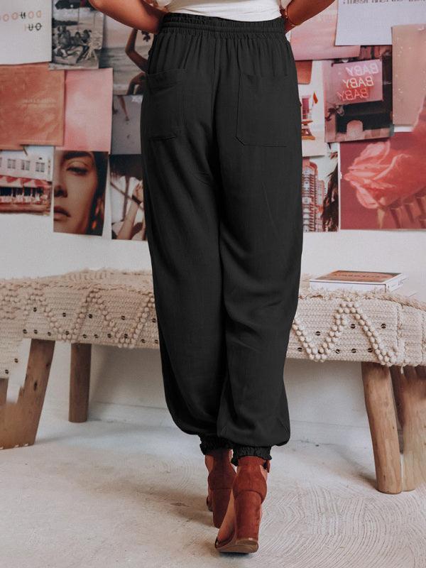 Bloomers Solid Color Cotton Linen Pants Ladies Pocket Drawstring Casual Pants - 808Lush