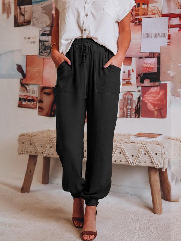 Bloomers Solid Color Cotton Linen Pants Ladies Pocket Drawstring Casual Pants - 808Lush
